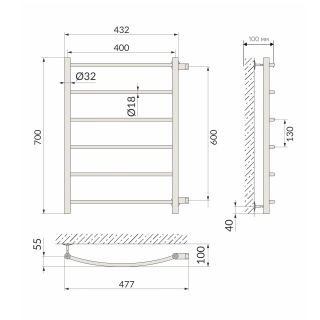 Полотенцесушитель водяной Indigo Arc LASW70-40GFM-б/п-60 70x40 см графит металлик